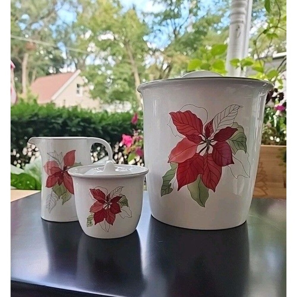 Antique Block Bernarda Portugal Poinsettia Lg Canister Sugar Creamer Set